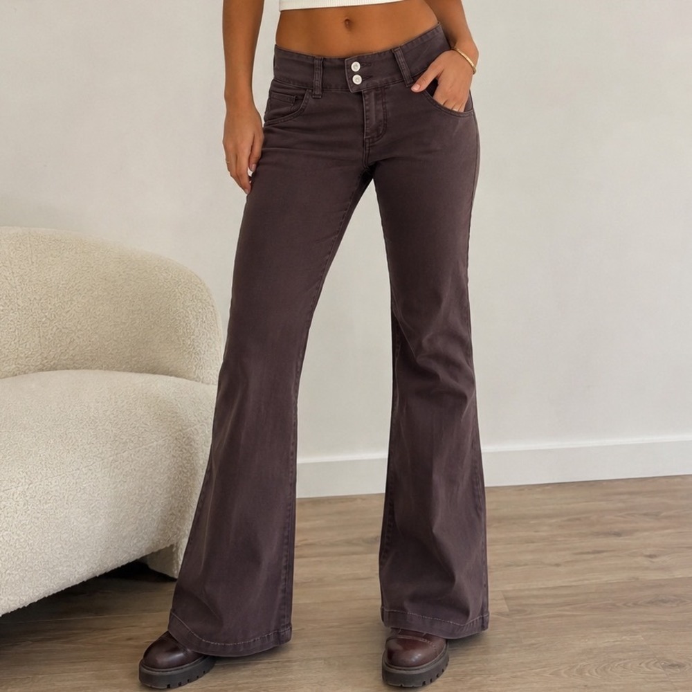 Rue21 Womens Low‎ Rise Flare Pants Brown Double Button Size 7/8 y2k 2000s j1